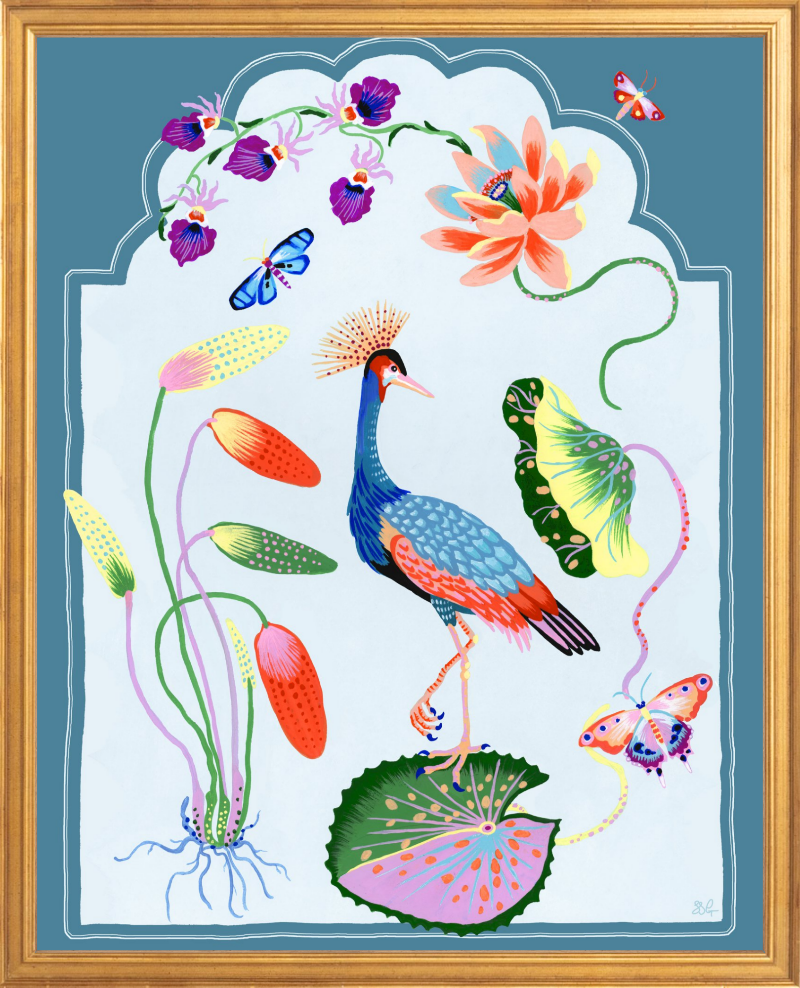 CRESTED CRANE 16" x 20" French Blue border