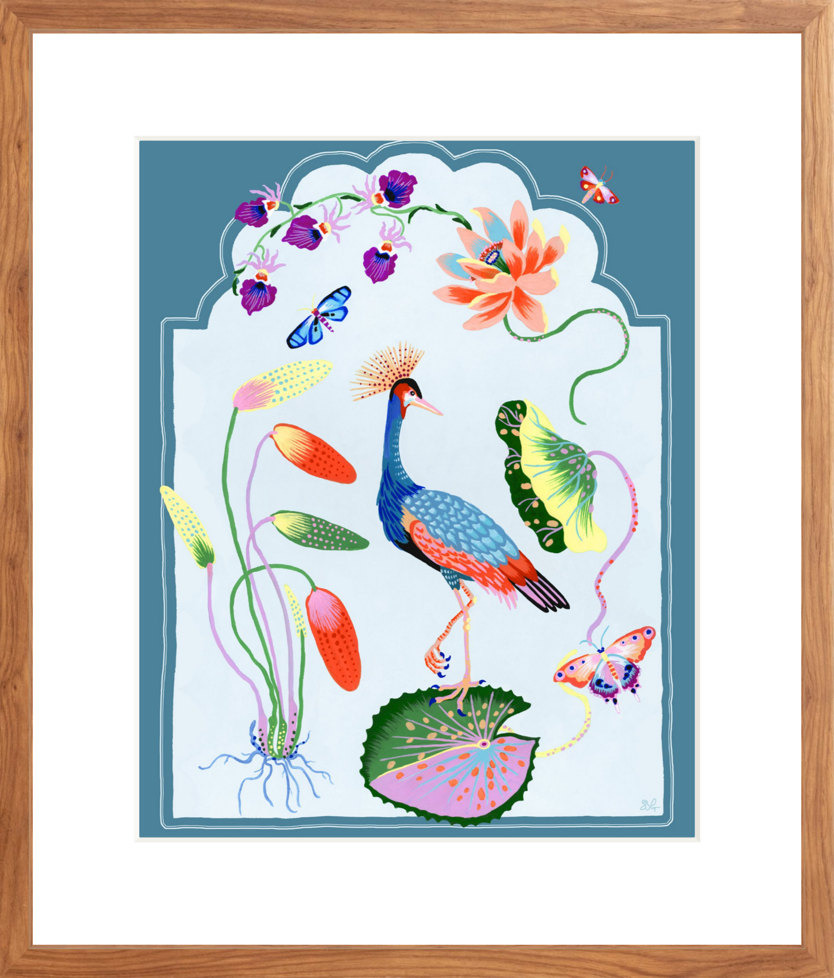 CRESTED CRANE 16" x 20" French Blue border