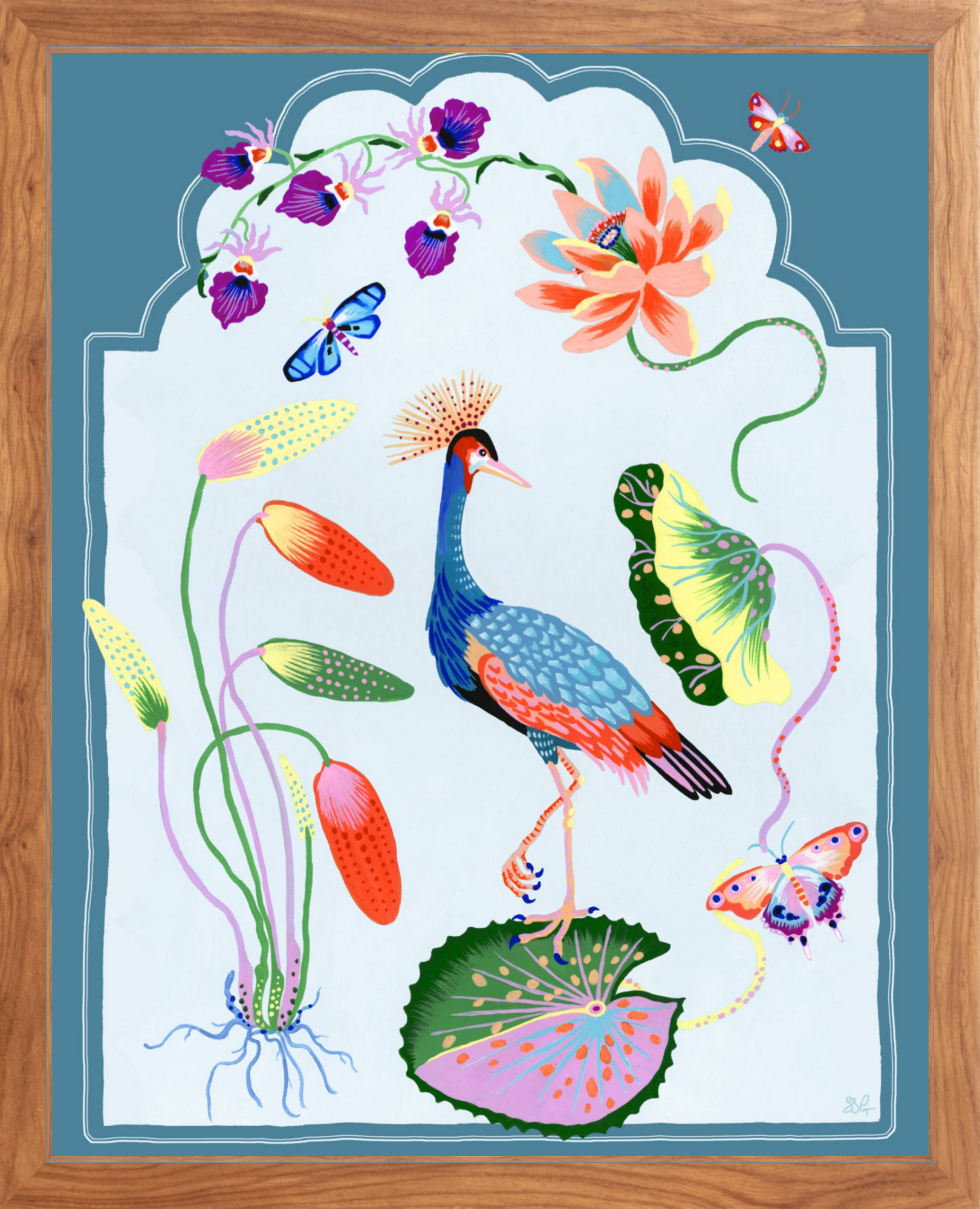 CRESTED CRANE 16" x 20" French Blue border