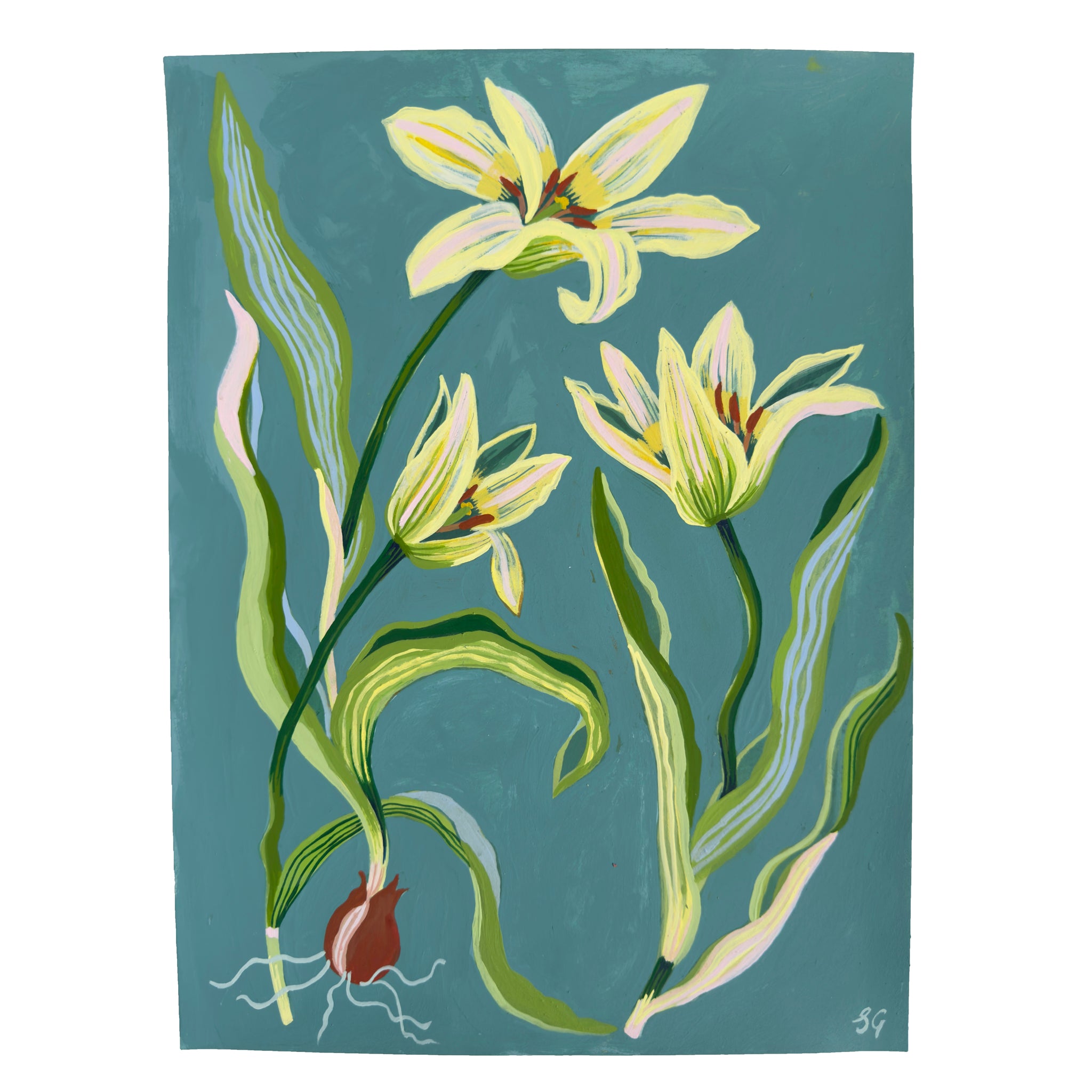 SPRING TULIPS no.2 on soft teal 9"x12"