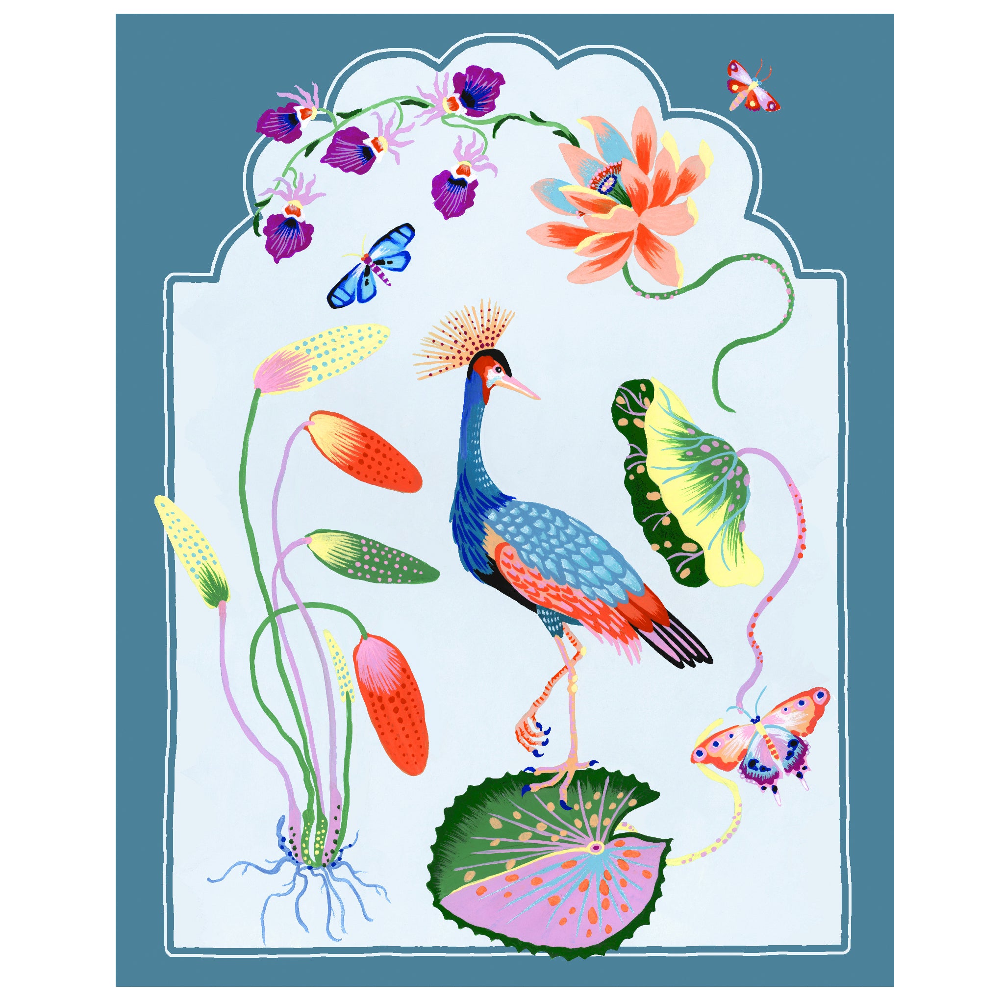 CRESTED CRANE 16" x 20" French Blue border
