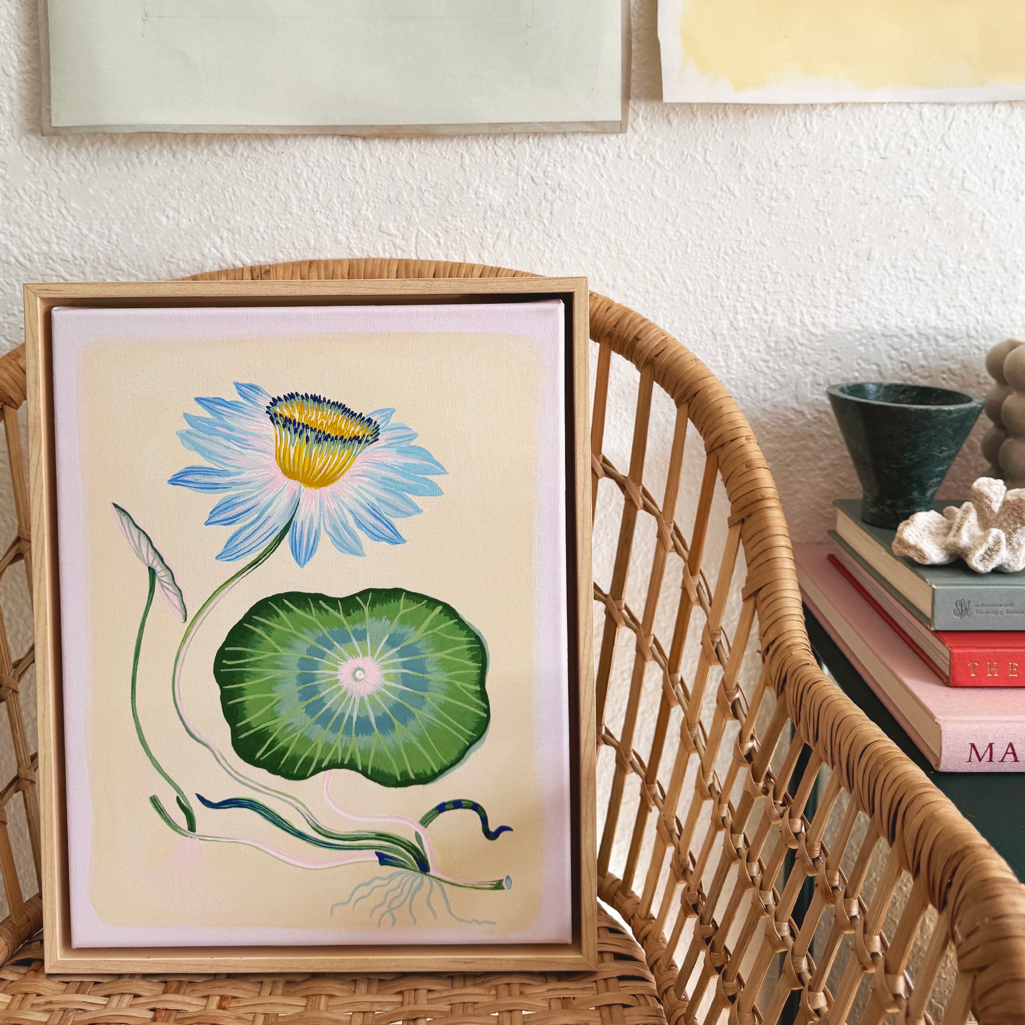 BLUE LOTUS 11" x 14" on canvas with natural wood float frame