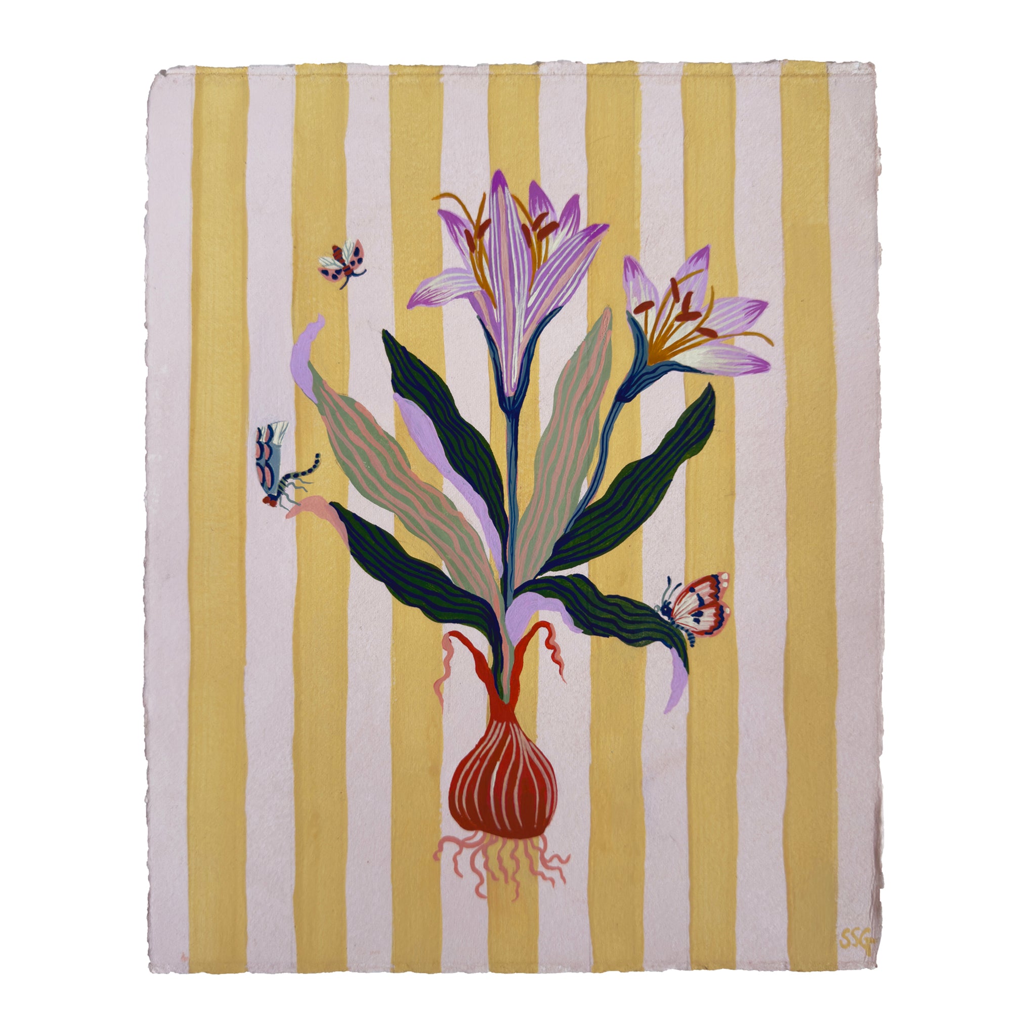 SPRING CROCUS on Naples yellow stripes 9.2" x 11.2"