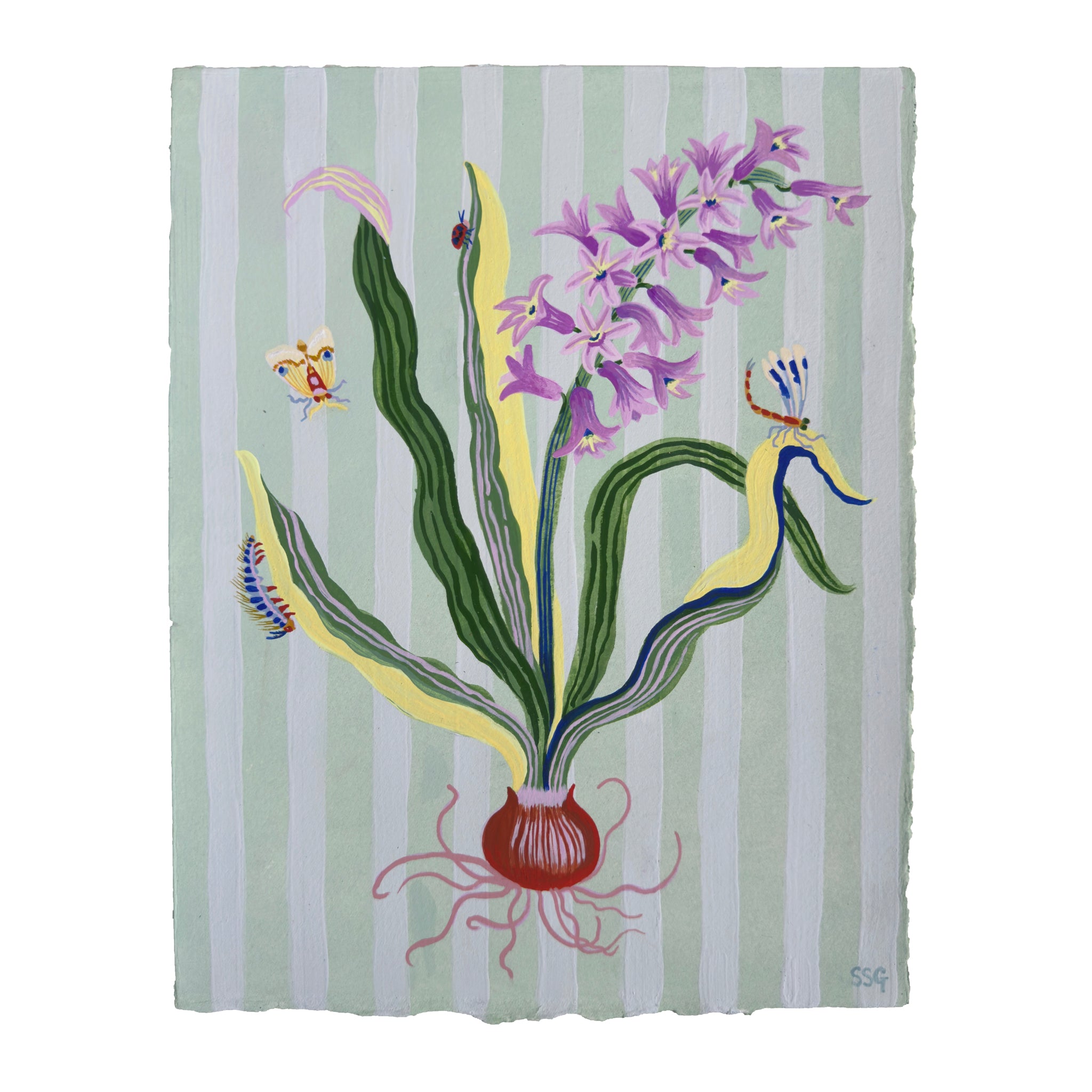 SPRING HYACINTH on palest green stripes 9.2" x 11.2"
