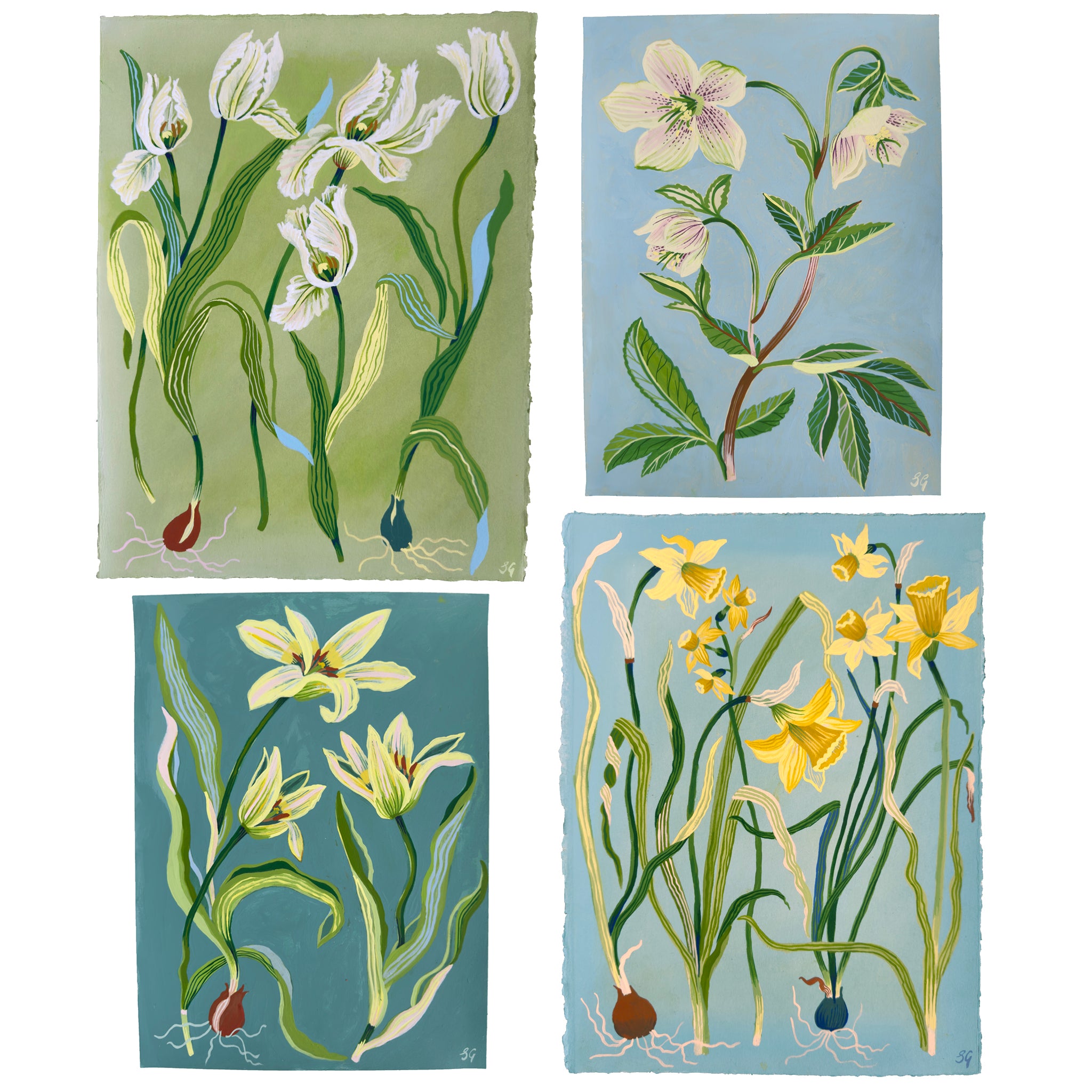 SPRING TULIPS no.2 on soft teal 9"x12"