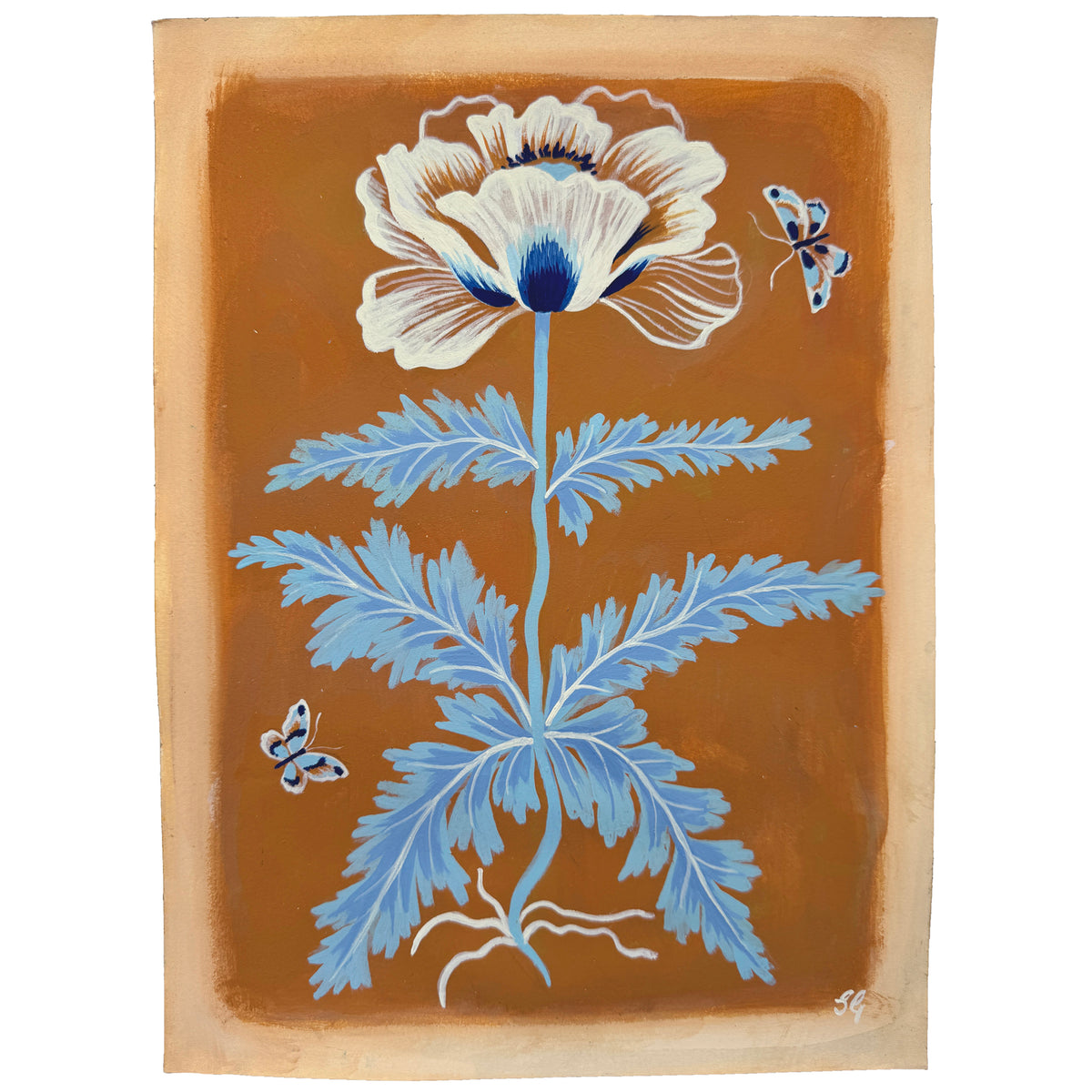 BLUE POPPY on ochre 9"x12"