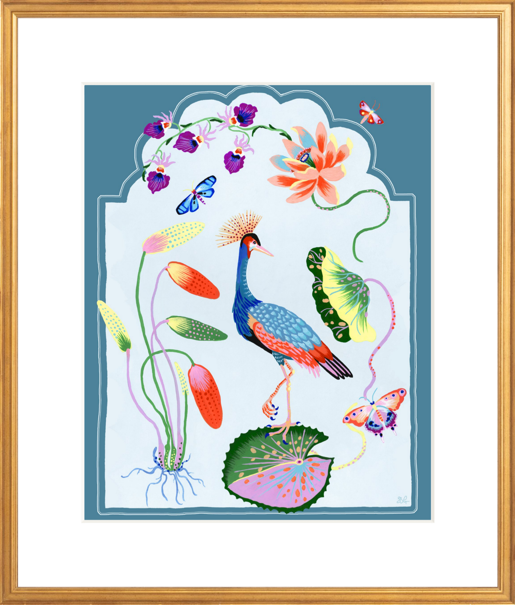 CRESTED CRANE  16" x 20" French Blue border
