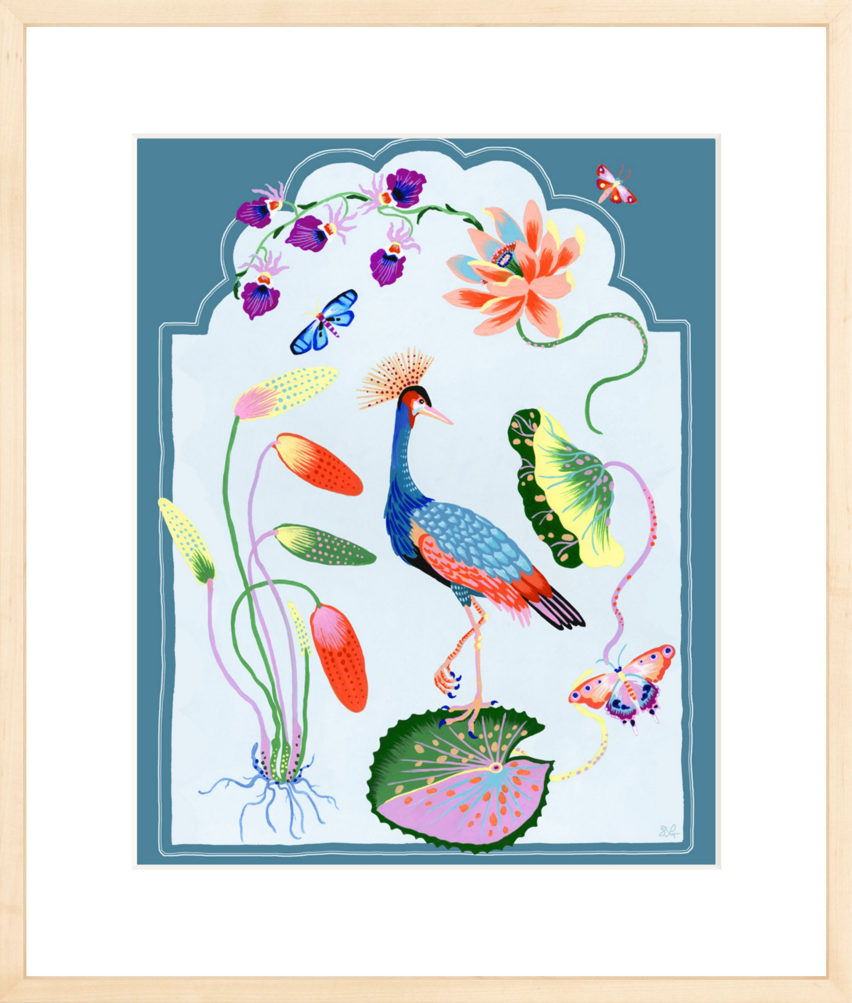 CRESTED CRANE  16" x 20" French Blue border