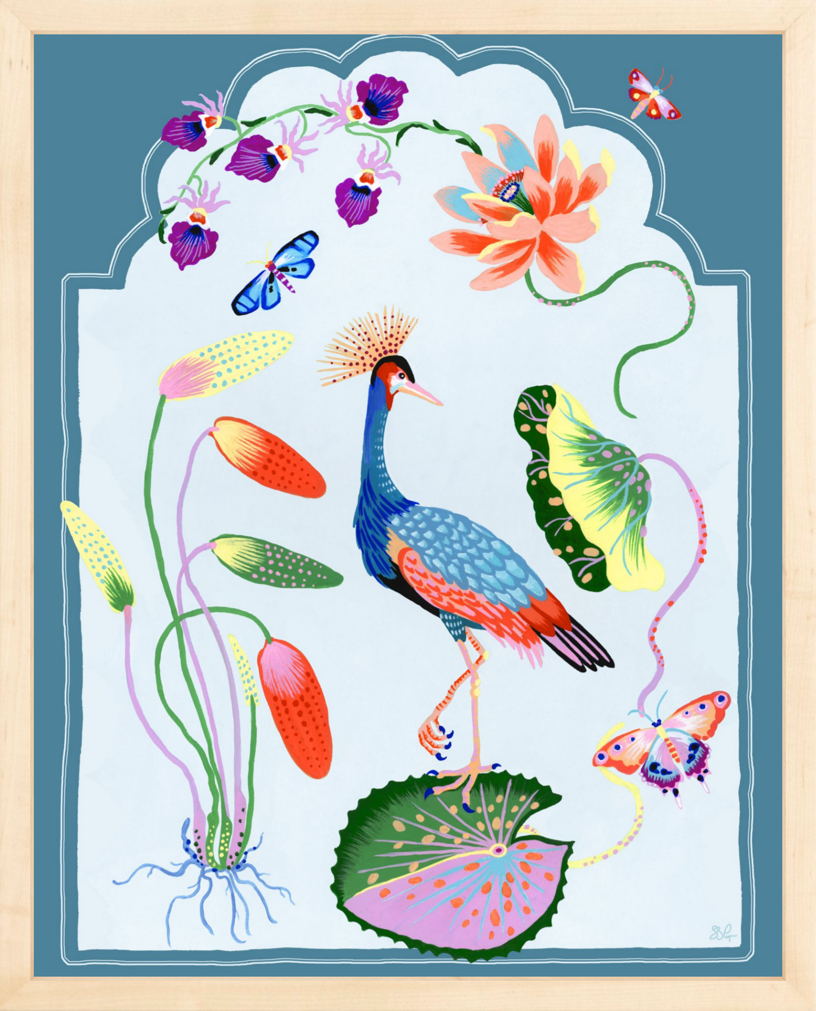 CRESTED CRANE  16" x 20" French Blue border
