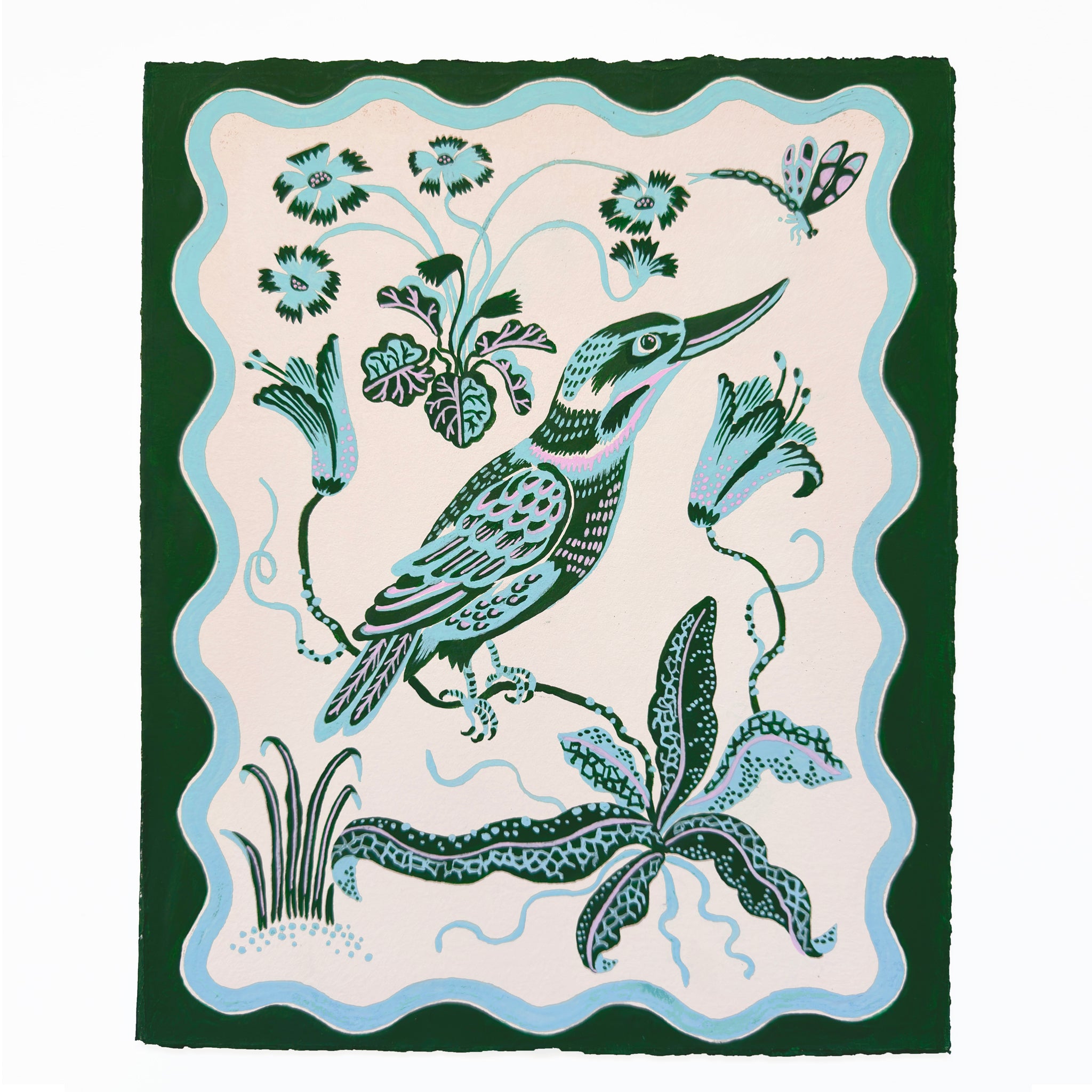 COLOUR BLOCK KINGFISHER 9” x 11.2" with deep green scalloped border