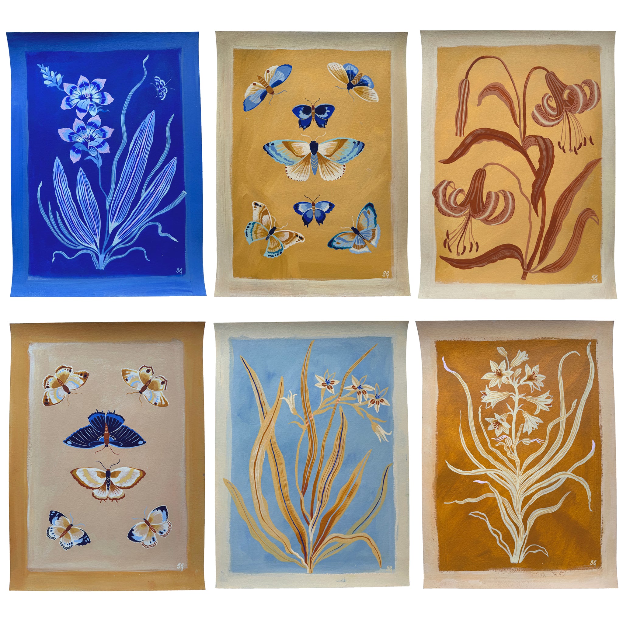 BUTTERFLIES no.3 in ochre & blues 11"x15"